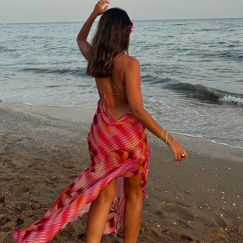 European And American Style Sexy Strap Dress Printed Wrapped Chest Sleeveless Pullover Strap Beautiful Back Split Mid-Waist Irregular Skirt