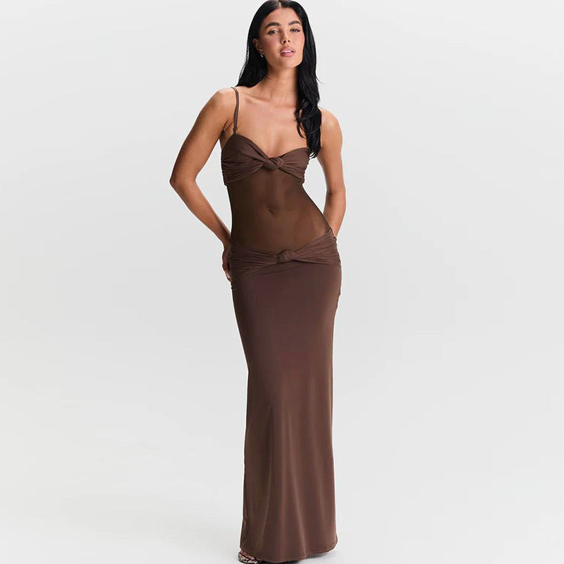 European And American Style 2024 Autumn And Winter New Cross-border Women's Temperament Sexy Backless Mesh Stitching Kink Sling Dress