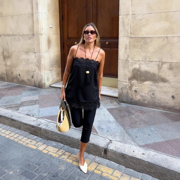 2025 Amazon European And American Lace Patchwork Solid Color Women's Sexy Hot Girl Style Camisole