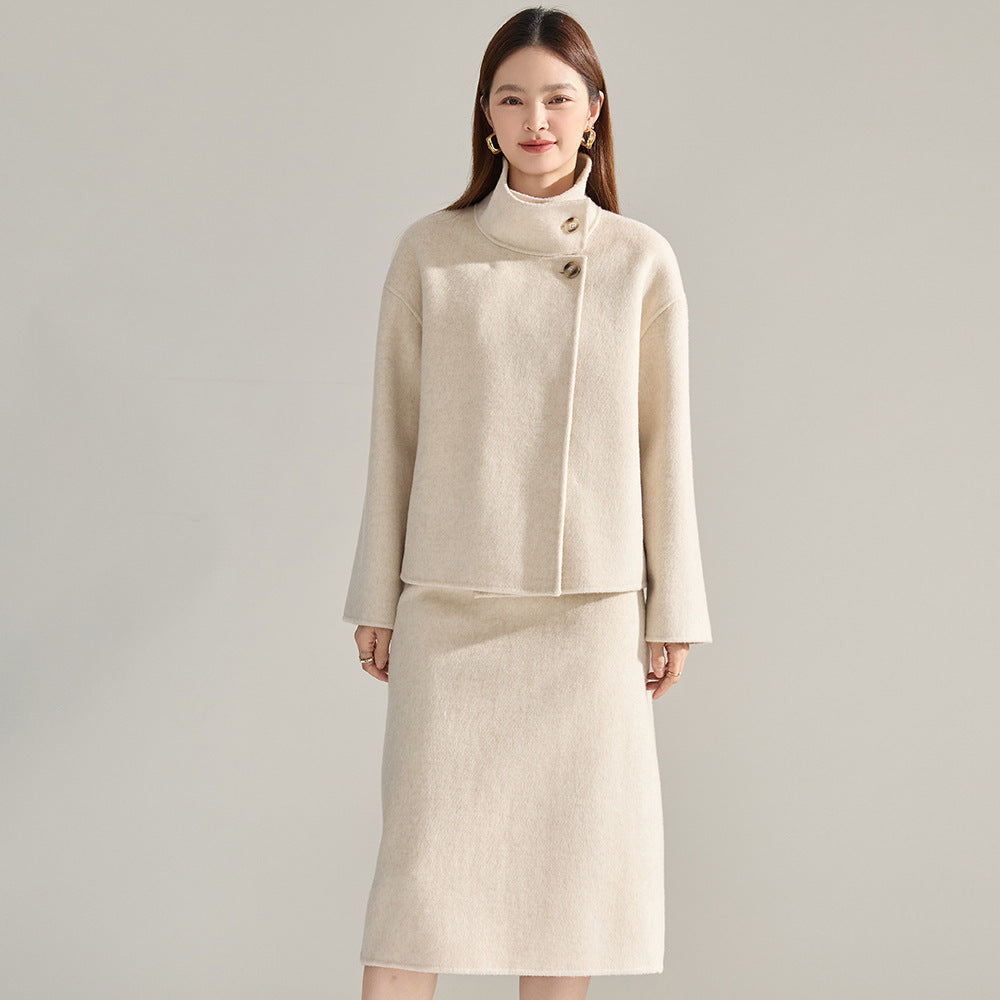 25 Autumn/Winter New Style Stand Collar Short Cashmere Tencel Double-Sided Wool Suit Top 22602 Skirt 22603
