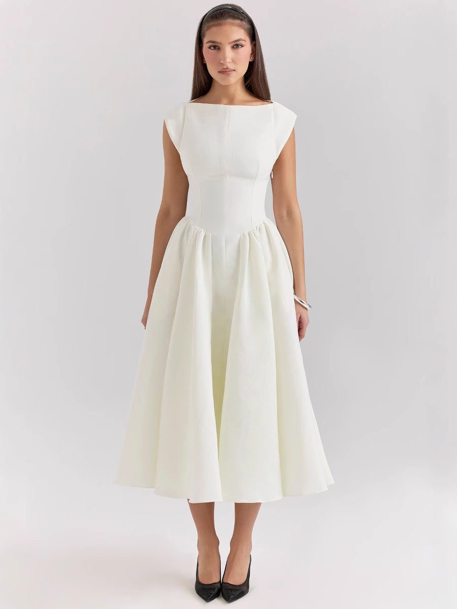 2025 European And American Spring And Summer Backless Round Neck Sleeveless Vessel Skirt Women's French Niche Mid-length Dress Solid Color Cross-border