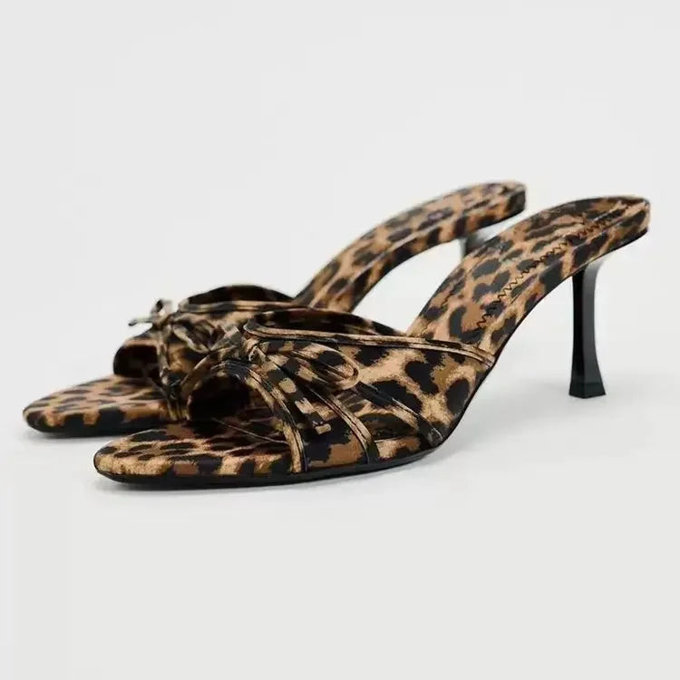 ZA2025 Summer New High Heels Leopard Print Stiletto Slippers Bow Beautiful Open Toe High Heel Sandals For Women