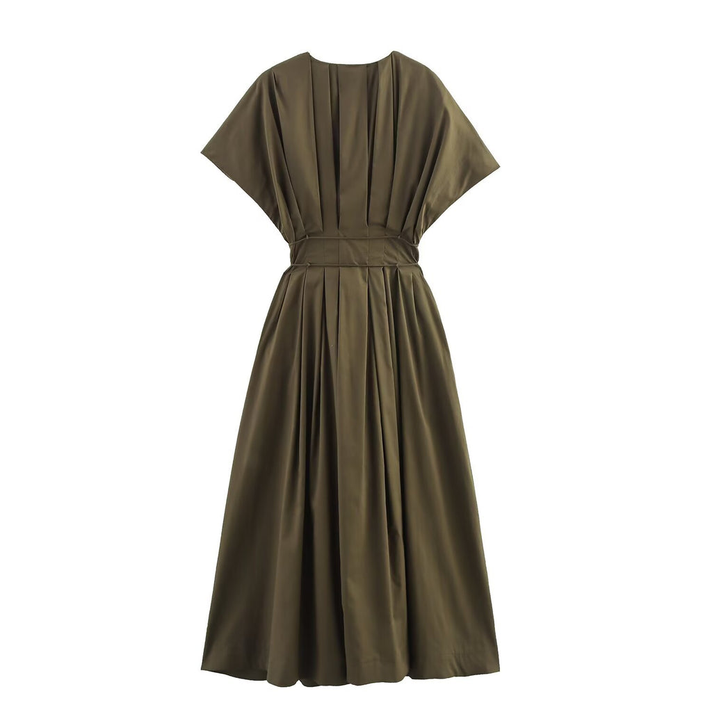 Zr Women's European And American Style 2025 Summer New Product Intellectual Style Deep V Neck Waist Pleated Midi Dress