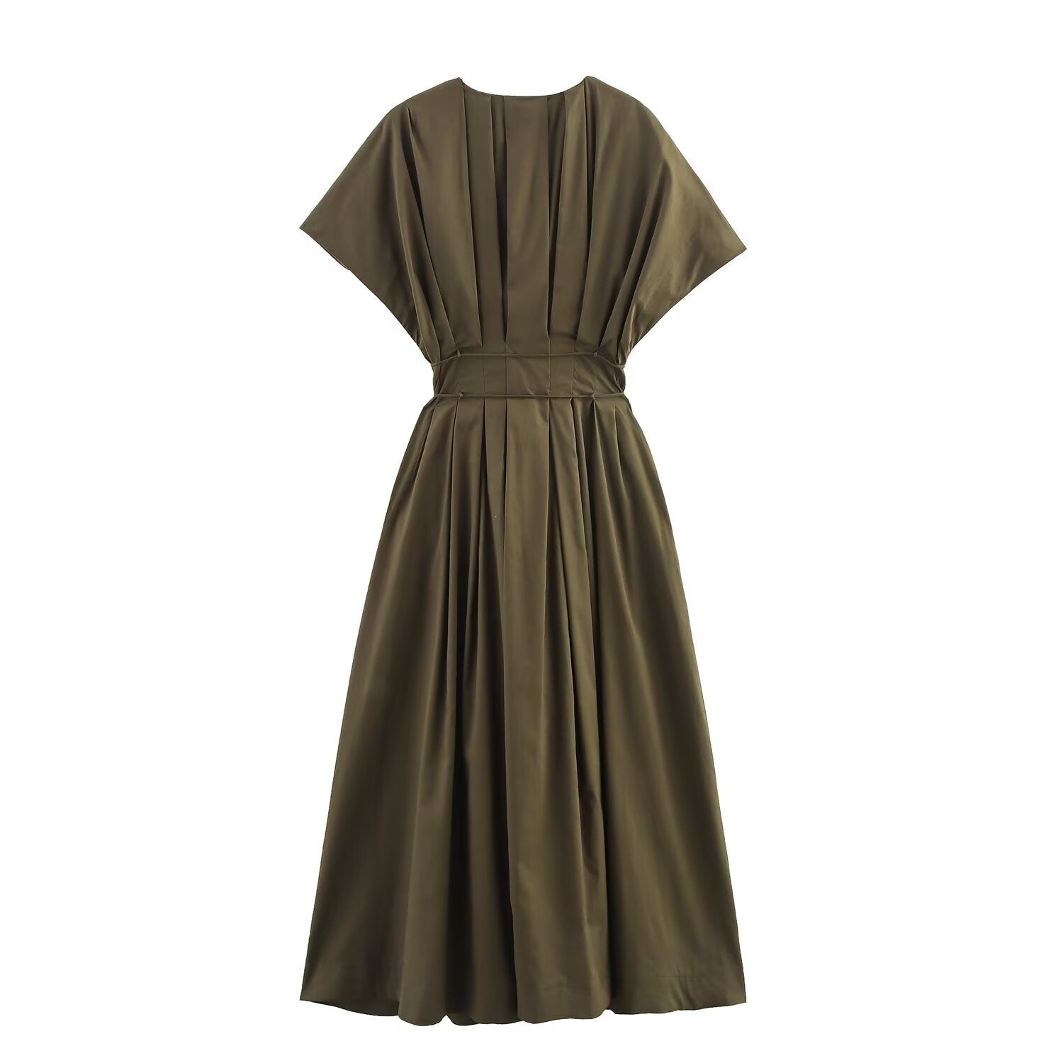 Zr Women's European And American Style 2025 Summer New Product Intellectual Style Deep V Neck Waist Pleated Midi Dress