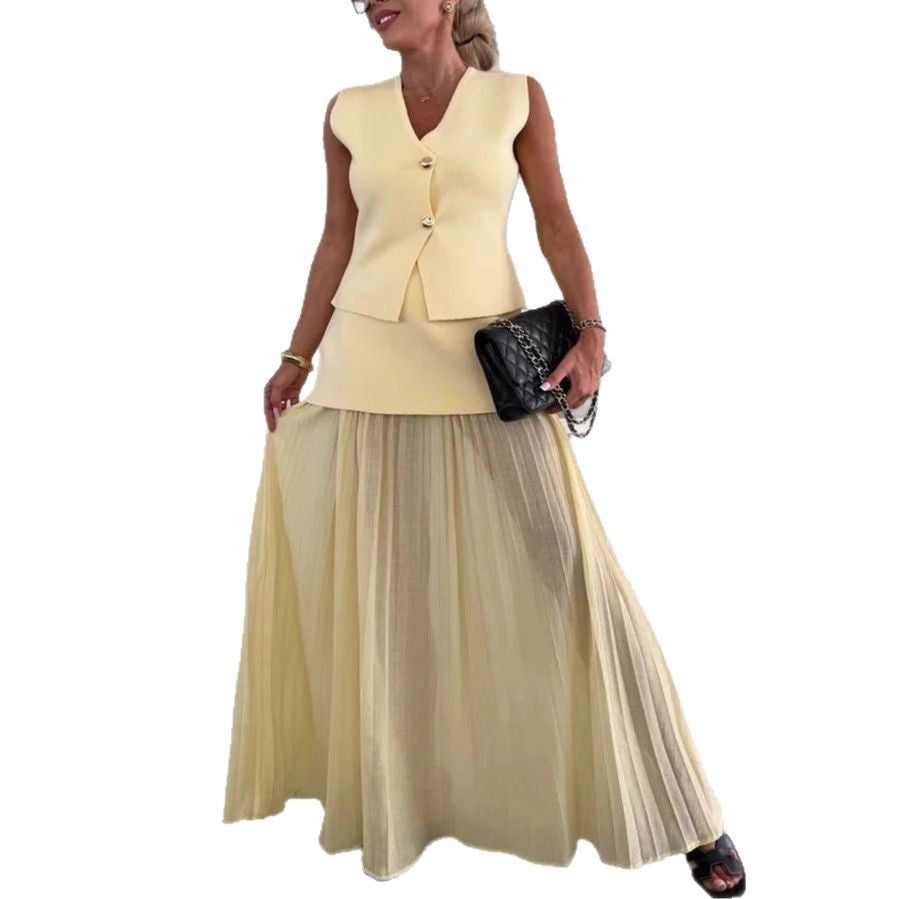Cross-border 2025 Summer Women's Elegant Slim-fit Knitted Vest Top Tulle Stitching Pleated Long Dress Fashion Suit