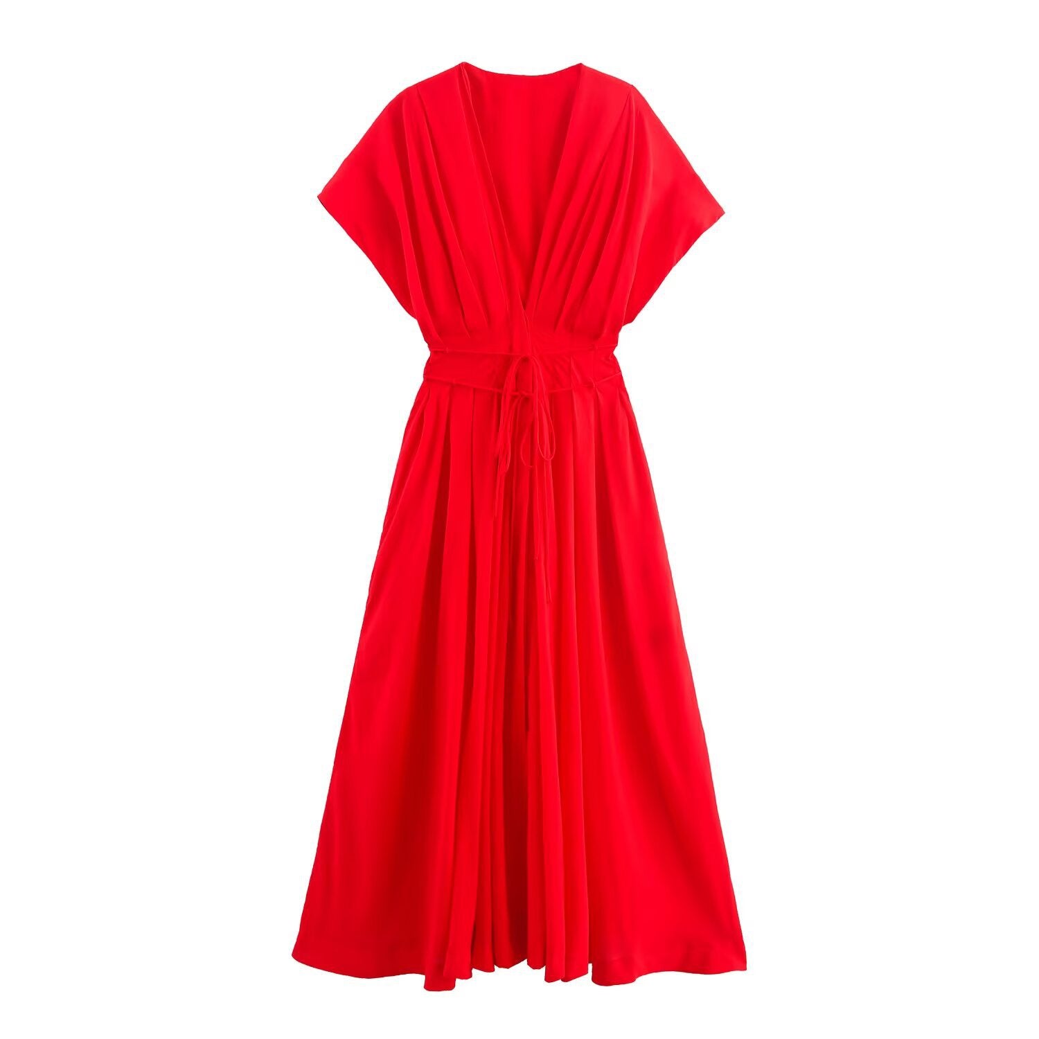 Zr Women's European And American Style 2025 Summer New Product Intellectual Style Deep V Neck Waist Pleated Midi Dress