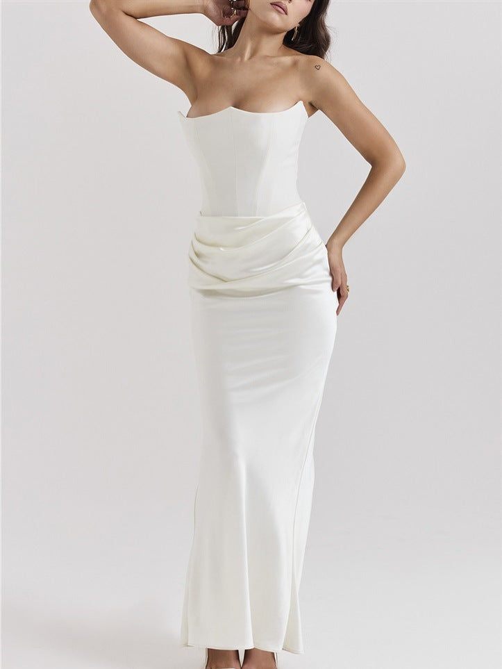 European And American Ins Cross-border New Multi-color Waist Tube Chest Off-shoulder Fishbone Pleated Long Hip Conjoined Dress