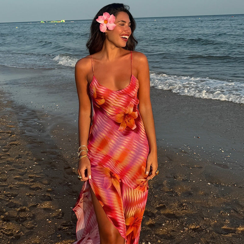 European And American Style Sexy Strap Dress Printed Wrapped Chest Sleeveless Pullover Strap Beautiful Back Split Mid-Waist Irregular Skirt