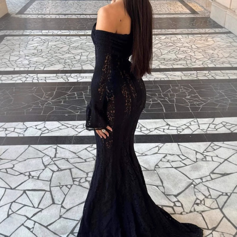 Robe Longue Épaules Dénudées en Dentelle