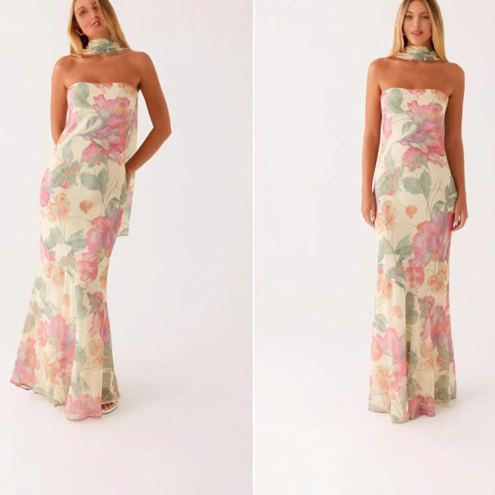 Cross-border Europe And The United States Amazon 2025 Spring And Summer New Temperament Socialite Satin Backless Strapless Digital Printing Dress
