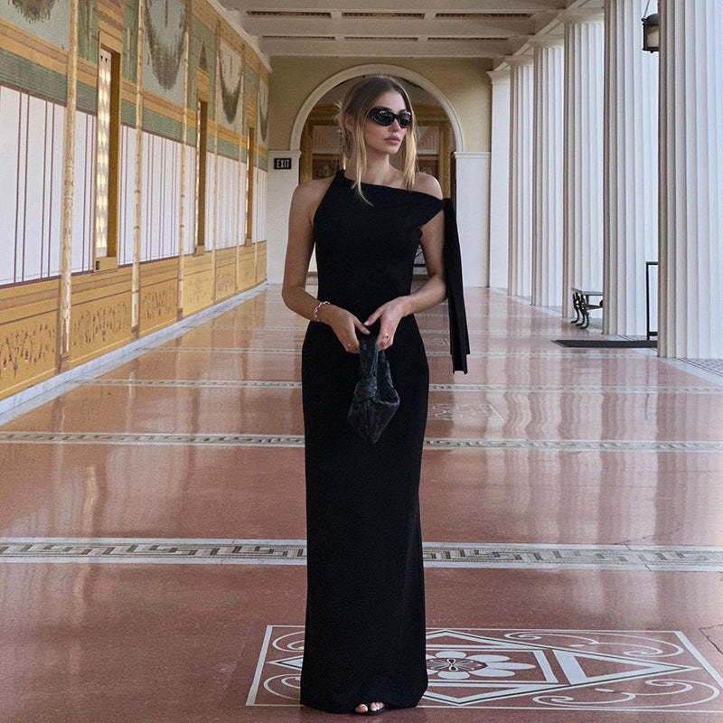Cross-border 2024 Spring And Summer Foreign Trade Women's New Solid Color Casual Sexy Slant Shoulder Comfortable Slim Sleeveless Sheath Dress