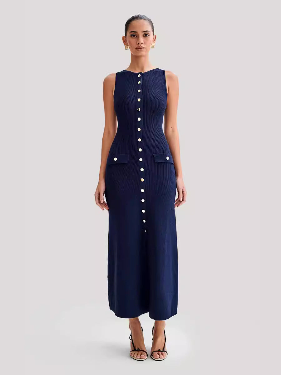 Summer New Knitted Dress European And American Dress Round Neck Sleeveless Button Fashion Sexy Slim Long Skirt