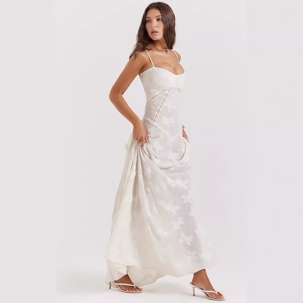 Sexy Sleeveless Strap Backless Dress Women Chiffon Embroidered Square Collar Ball Evening Dress 2024