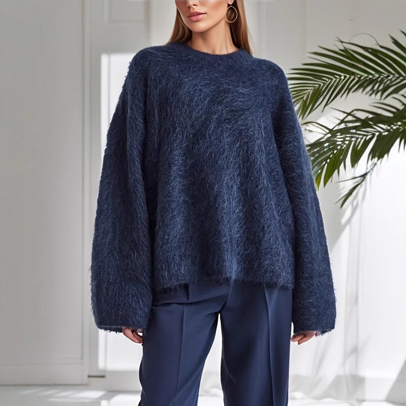 European And American Cross-border Autumn And Winter New Style Mauhair Knitted Loose Sweater Thickened Plus Size Lazy Style Women's Round Neck Pullover