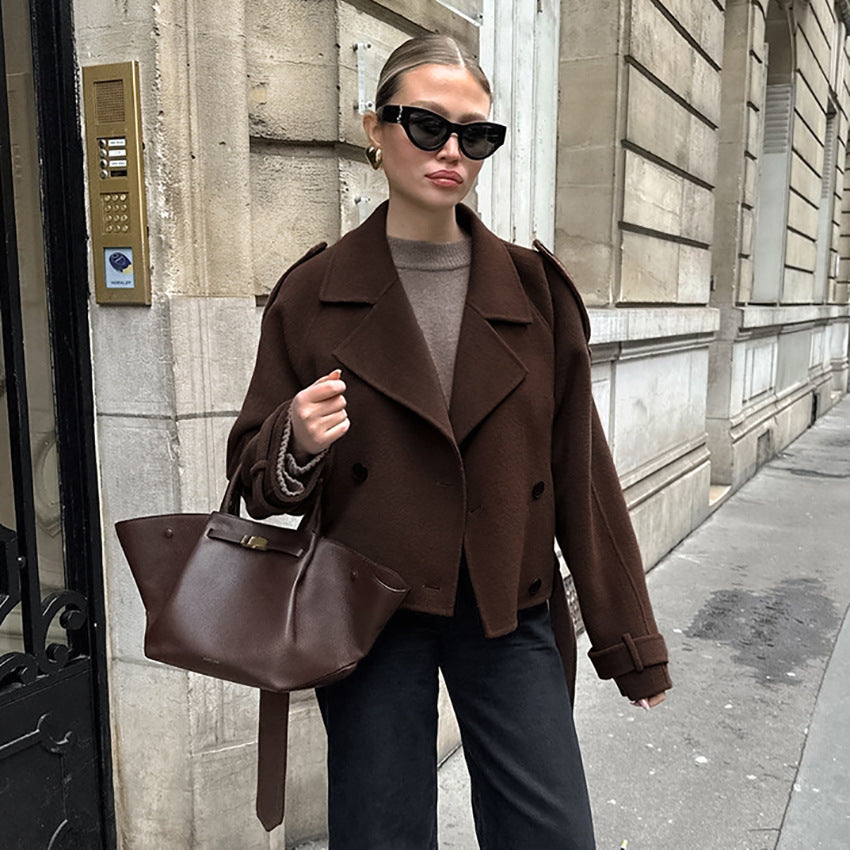 Autumn And Winter French Brown Woolen Coat Women's Commuter Fashion Thickened Double-breasted Woolen Coat Jacket Loose Women's Clothing
