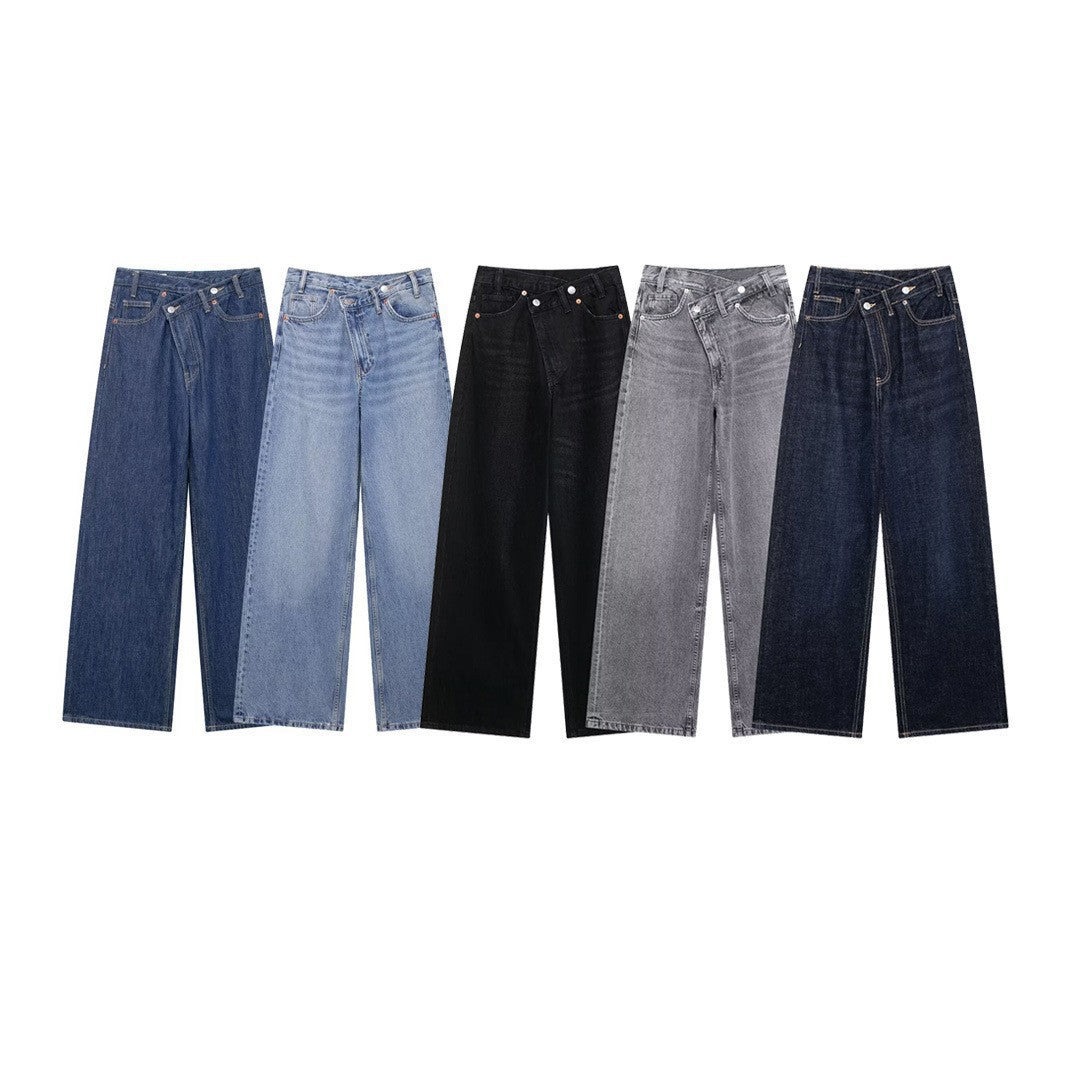 European And American Cross-border Women's Clothing Wholesale Women's Double-breasted Trousers Waist High Waist Wide Leg Jeans