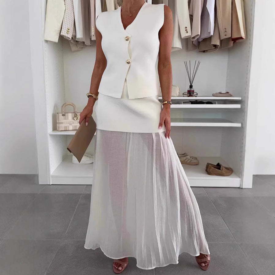 Cross-border 2025 Summer Women's Elegant Slim-fit Knitted Vest Top Tulle Stitching Pleated Long Dress Fashion Suit