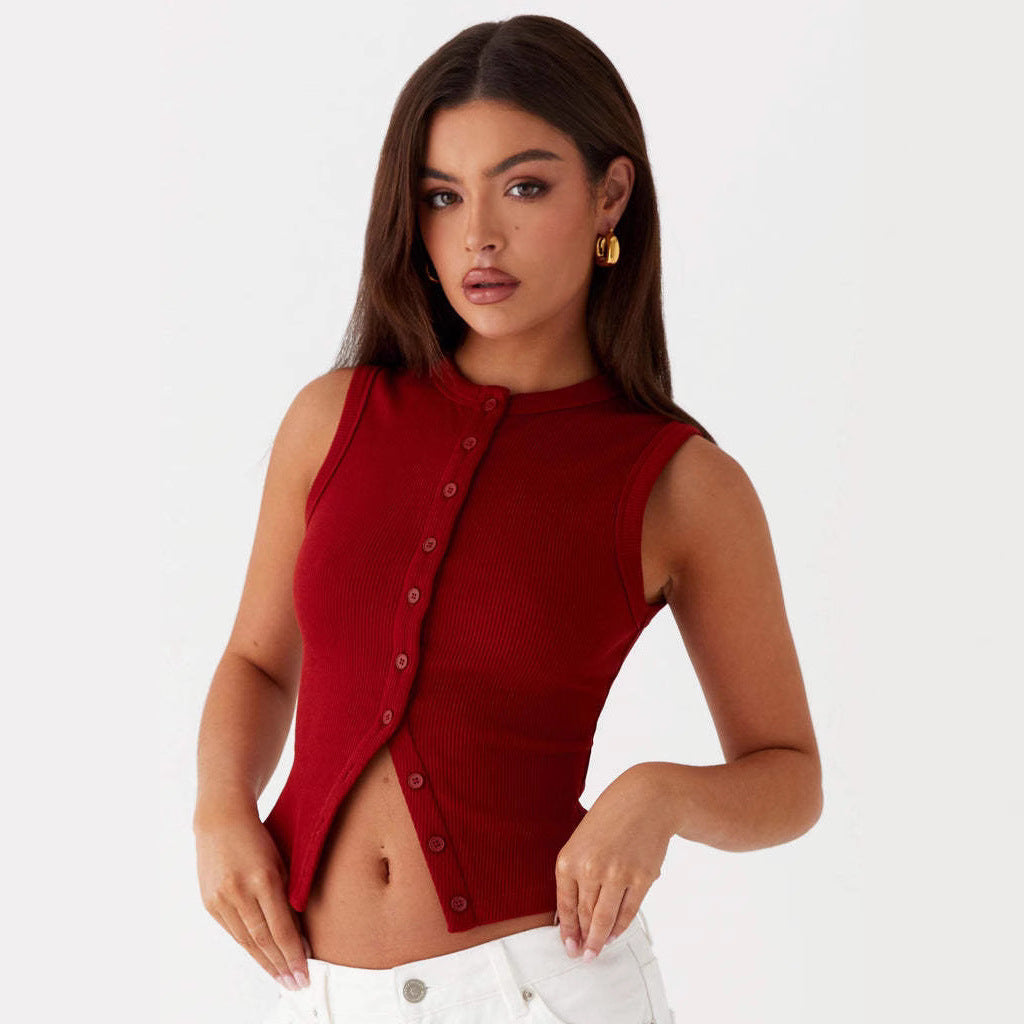 European And American Cross-border Women's Clothing 2025 Amazon TK Summer Y2K Slim-fit Spice Girls Sleeveless Round Neck Threaded Button Vest