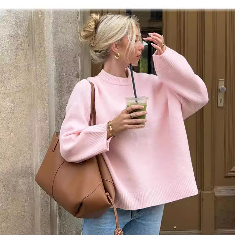 European And American Style Cross-border Independent Station Loose Version 2023 Winter New Pink Sweet Round Neck Casual Pullover Sweater