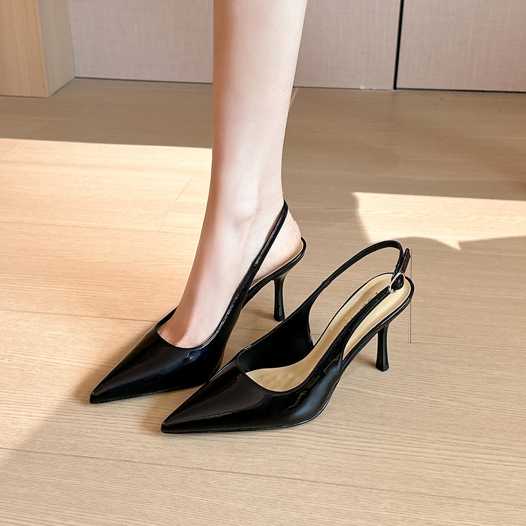 2025 Patent Leather High Heels With Hollow Back, Stiletto Heel, Pointed Toe, Shallow Mouth, One-Line Strap, Half-Slip Sandals, Plus Fat And Widening 414243