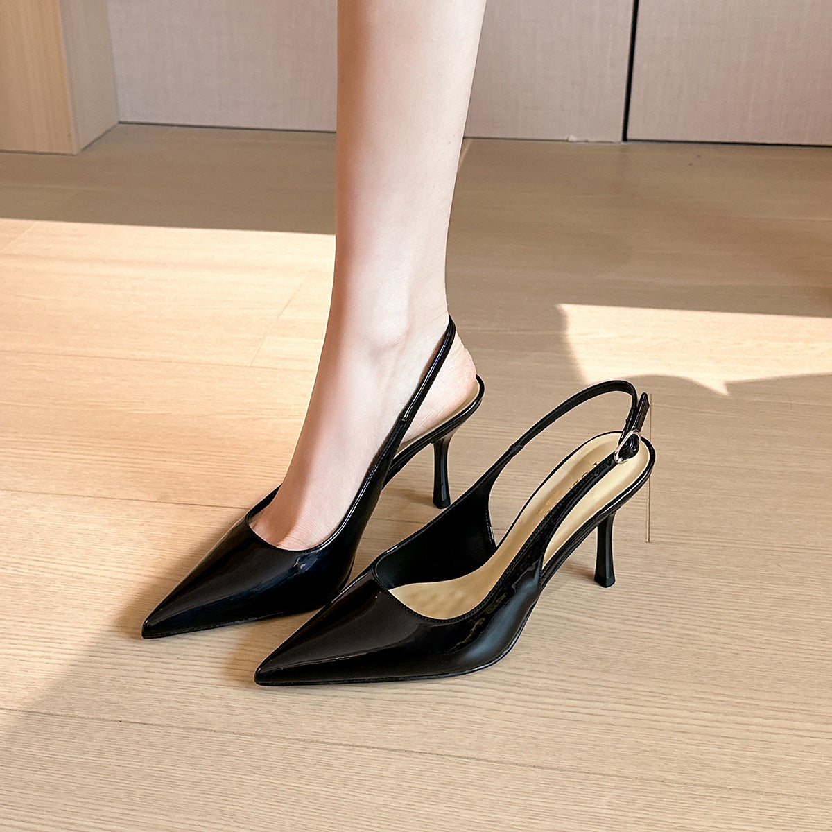 2025 Patent Leather High Heels With Hollow Back, Stiletto Heel, Pointed Toe, Shallow Mouth, One-Line Strap, Half-Slip Sandals, Plus Fat And Widening 414243