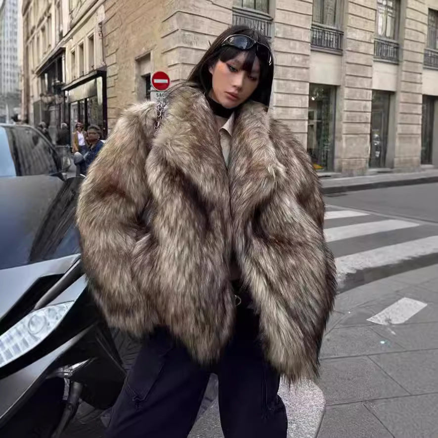 Women's Imitation Fur Coat Imitation Raccoon Fur Coat Lapel Environmentally Friendly Fur Warm Fur Coat European And American Casual