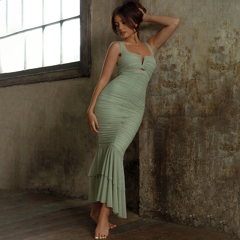European And American Wish Spring And Summer Strap Stitching Dress Fashion Sexy Hot Girl Tight Pleated Fishtail Skirt FD9738