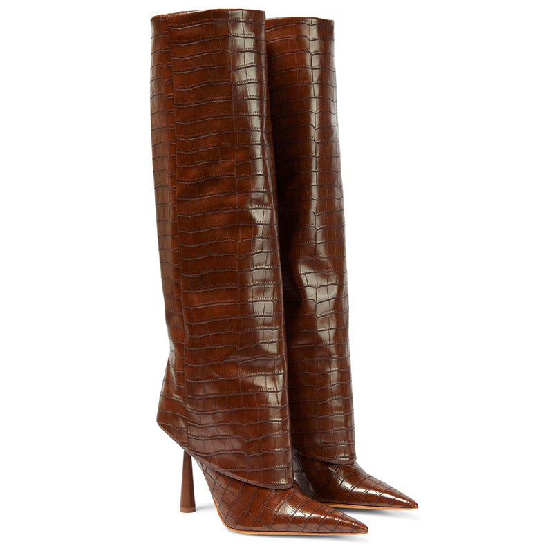 European And American Fashion Foreign Trade Large Barrel Crocodile Pattern Straight Barrel Women's Boots Pointed Heel Stone Pattern High Boots Children