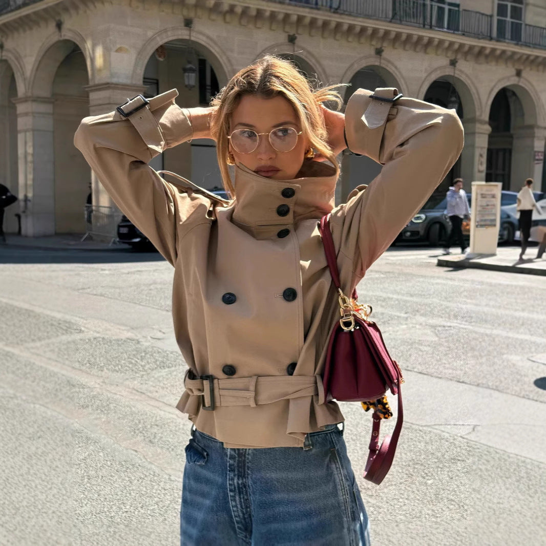 Khaki Belt Short Double-breasted Coat Coat European And American Cross-border 2025 Spring Fashion Jacket