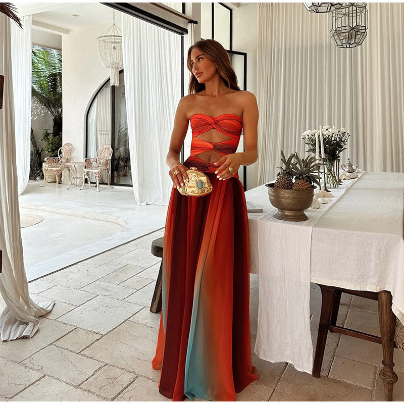 Strapless Hollow-out Dress European And American Women's Clothing Holiday Beach Split Large Swing Dress Sleeveless Wrapped Chest Printed Women
