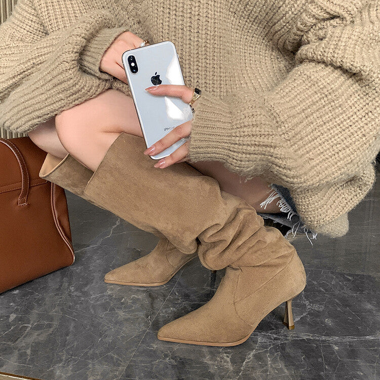 Large-Tube Pile Boots, Pointed-Toe Boots, Women's Large-Size Stiletto High Boots, High-Heeled Thick-Leg Over-The-Knee Boots