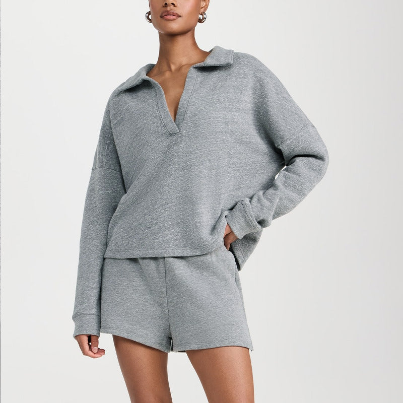 Cross-Border European And American Pullover Pure Color V Neck Loose Long-Sleeved Pullover Outdoor Fitness Shorts Casual Sports Suit For Women