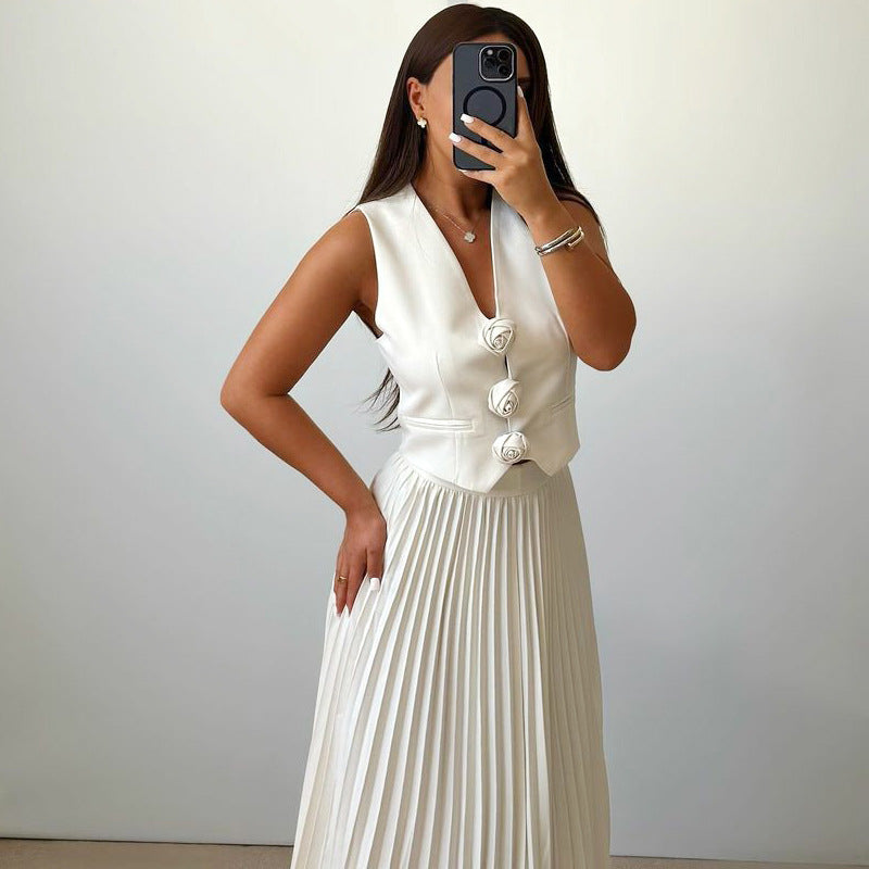 In Stock European And American Suit Women's Summer Sleeveless Vest Heavy Half Pleated Long-sleeved Women's High-end Two-piece Suit