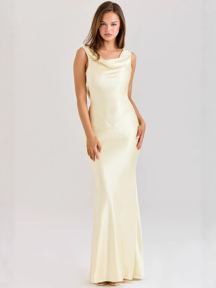 2025 European And American New Elegant Sleeveless Off-Shoulder Tight Long Pure Color Elegant High-End Satin Slim Dress