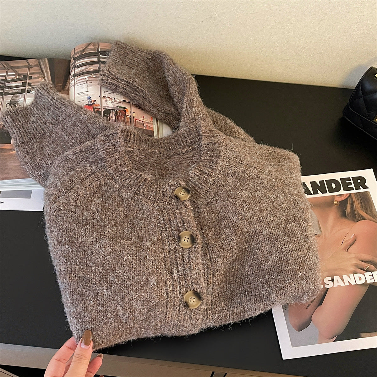 Real Shot Of Autumn And Winter Retro Pure Color Soft Waxy Cardigan Women's New Single-Breasted Round Neck Loose Thickened Versatile Sweater
