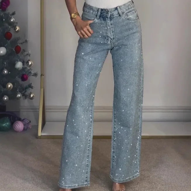 Foreign Trade Europe And America Amazon Women's Wear Full Diamond Washed Jeans Women's High-grade High Waist Straight Pants Spice Girls Pants