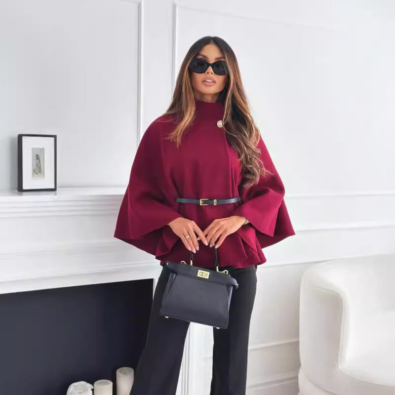 2024 Amazon AliExpress New Winter Fashion Solid Color Wool Poncho Coat Women's Clothing