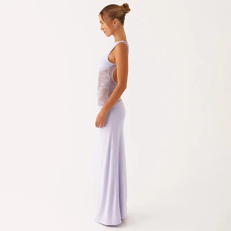 Robe longue dos nu à empiècement transparent