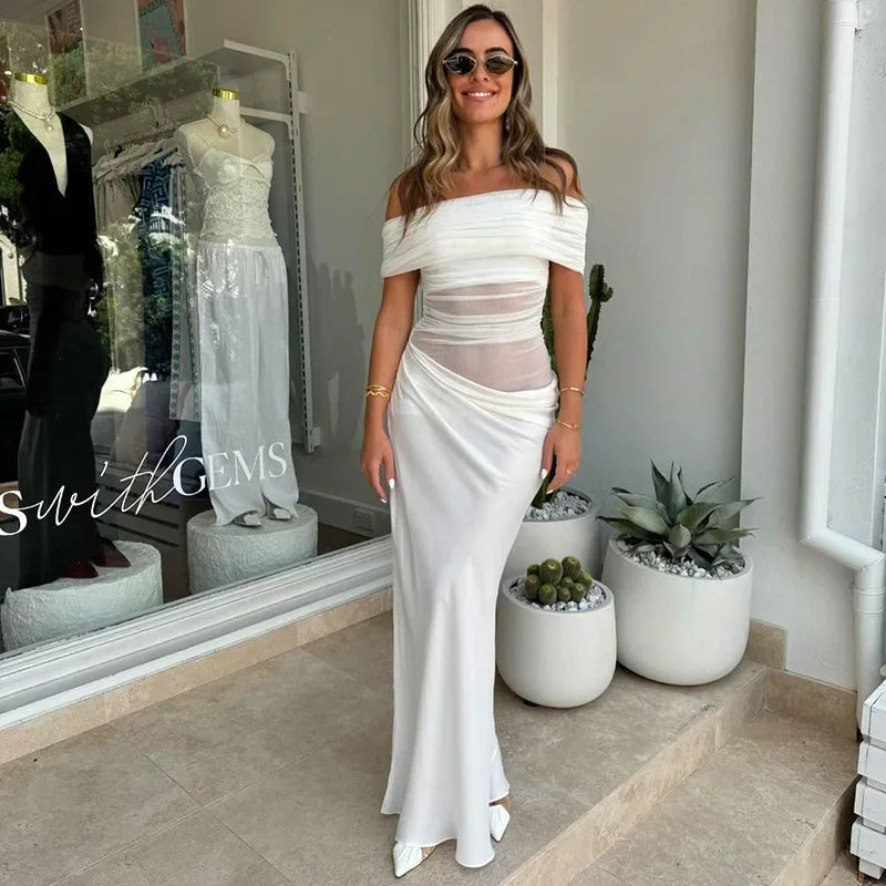Y24DS658 European And American Cross-border Women's Autumn Mesh One-character Collar Open-shoulder Perspective Irregular Crossing Wrinkle Dress