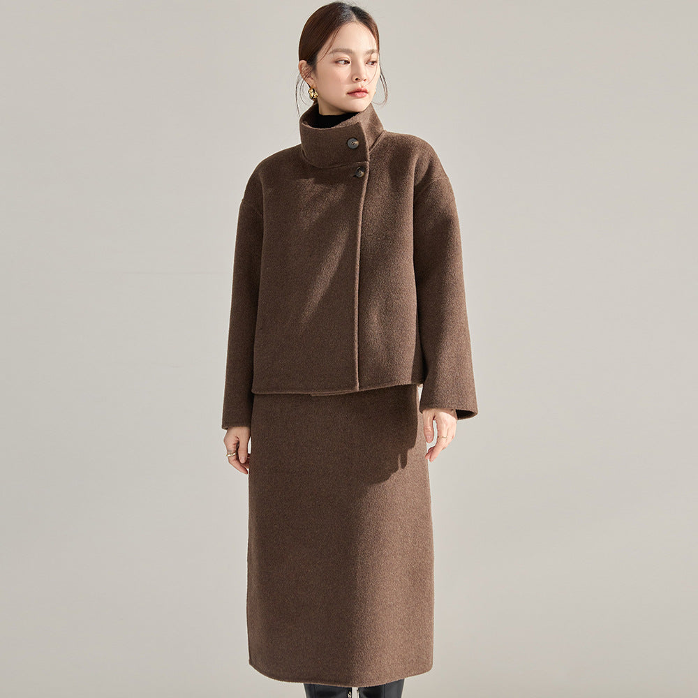 25 Autumn/Winter New Style Stand Collar Short Cashmere Tencel Double-Sided Wool Suit Top 22602 Skirt 22603