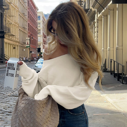 Cross-border Temperament Pure Desire Style Simple Solid Color Slant Shoulder Waist Slim Sweater Women's American Style Hot Girl Basic All-match Top