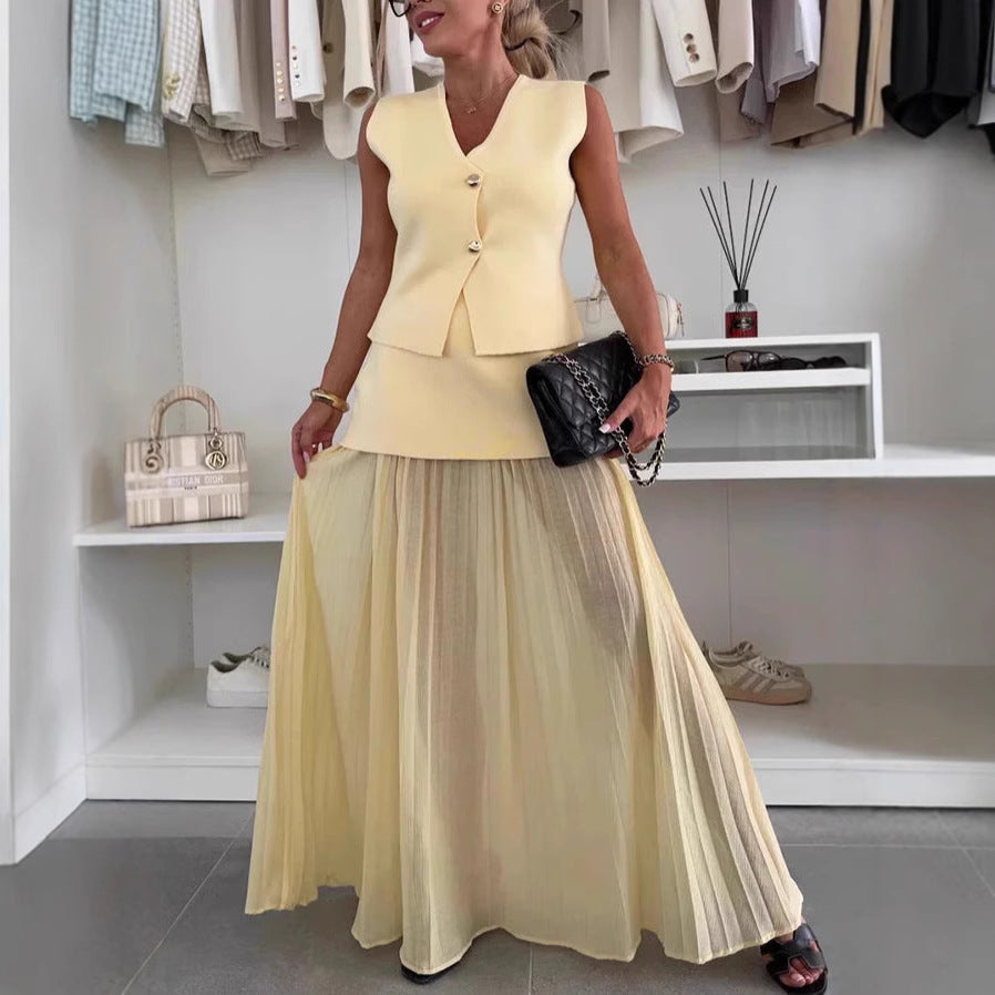 Cross-border 2025 Summer Women's Elegant Slim-fit Knitted Vest Top Tulle Stitching Pleated Long Dress Fashion Suit