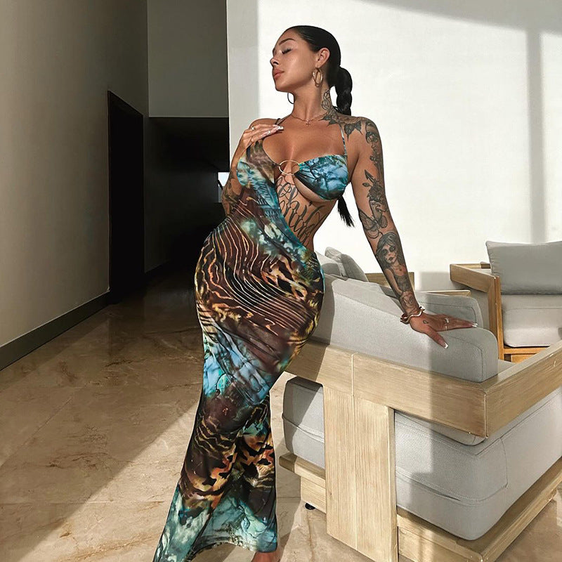 YJ25162 European And American Cross-border Summer New Sling Sexy Hollow Print Seaside Beach Holiday Bag Hip Dress