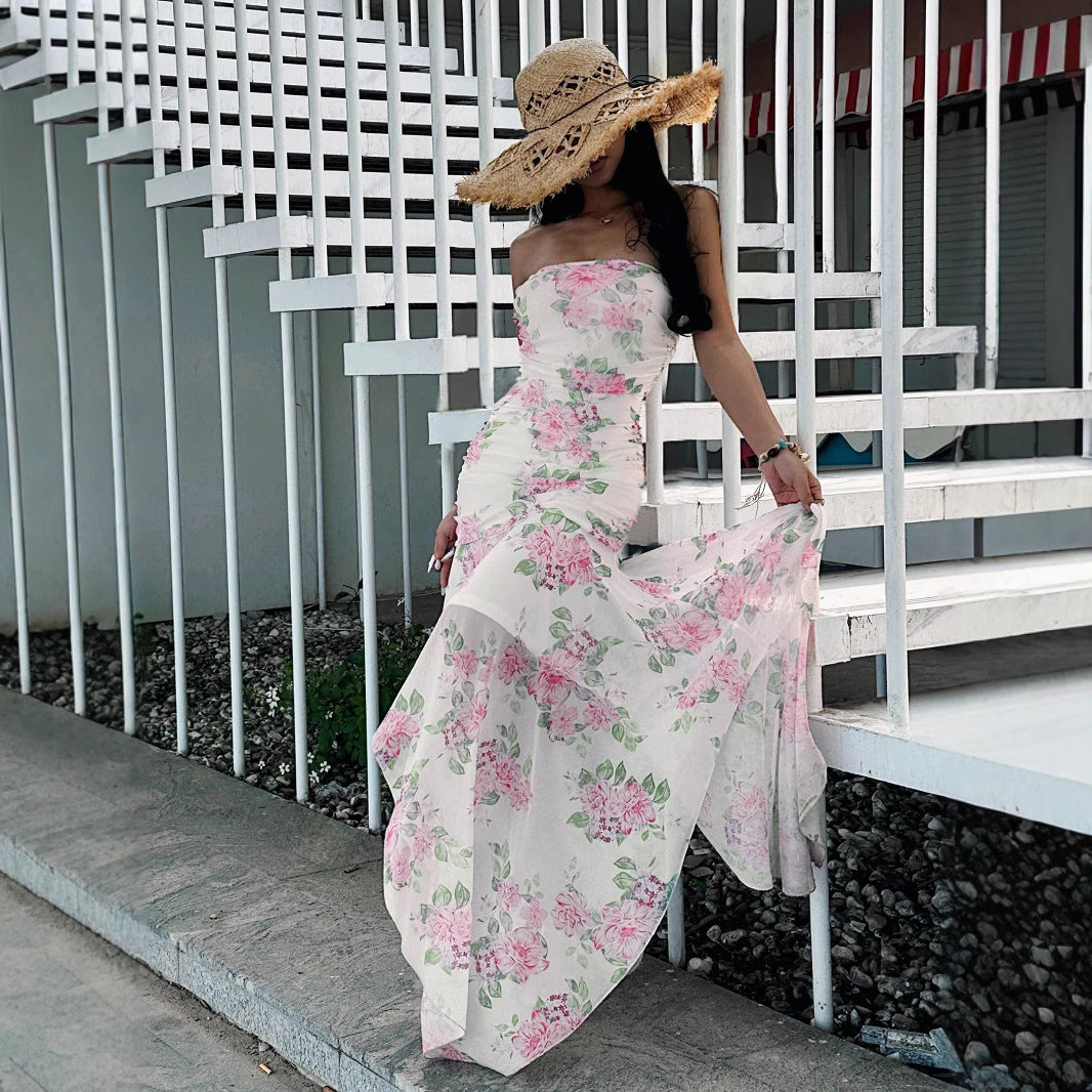 Tea Break Pastoral Style Gentle Floral Mesh Irregular Strapless Long Skirt Pleated Waist Design Sense Hip Wrap Dress