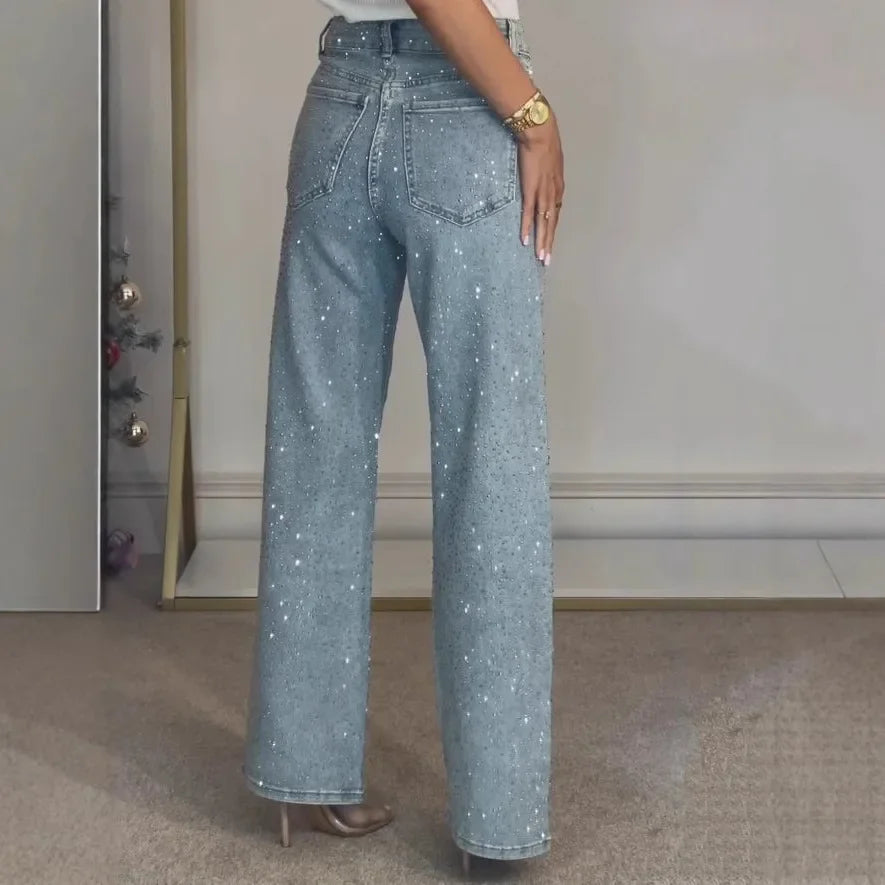Foreign Trade Europe And America Amazon Women's Wear Full Diamond Washed Jeans Women's High-grade High Waist Straight Pants Spice Girls Pants