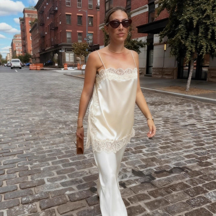 2025 Amazon European And American Lace Patchwork Solid Color Women's Sexy Hot Girl Style Camisole