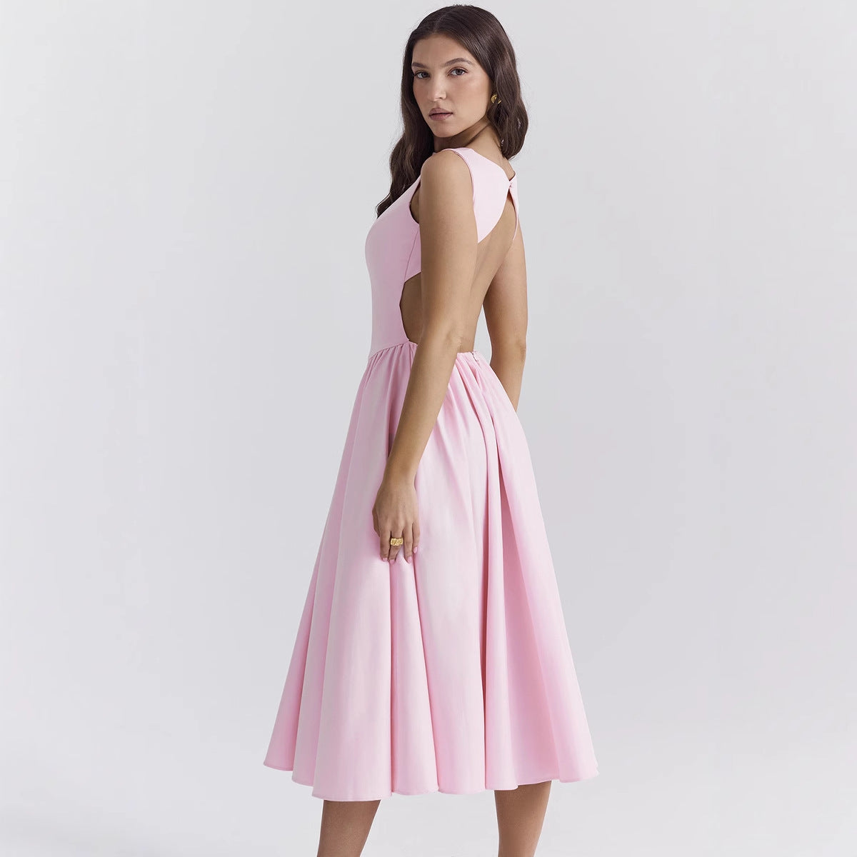 2025 Spring And Summer Europe And America Amazon Foreign Trade Women's New Round Neck Backless Solid Color High Fashion Dress Women