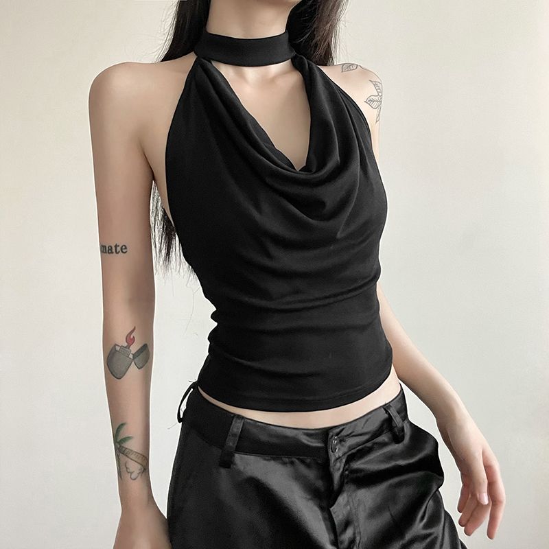 French Style Pure Desire Pleated Collar Halter Camisole Women's Summer New Backless Slim-fit All-match Short Top