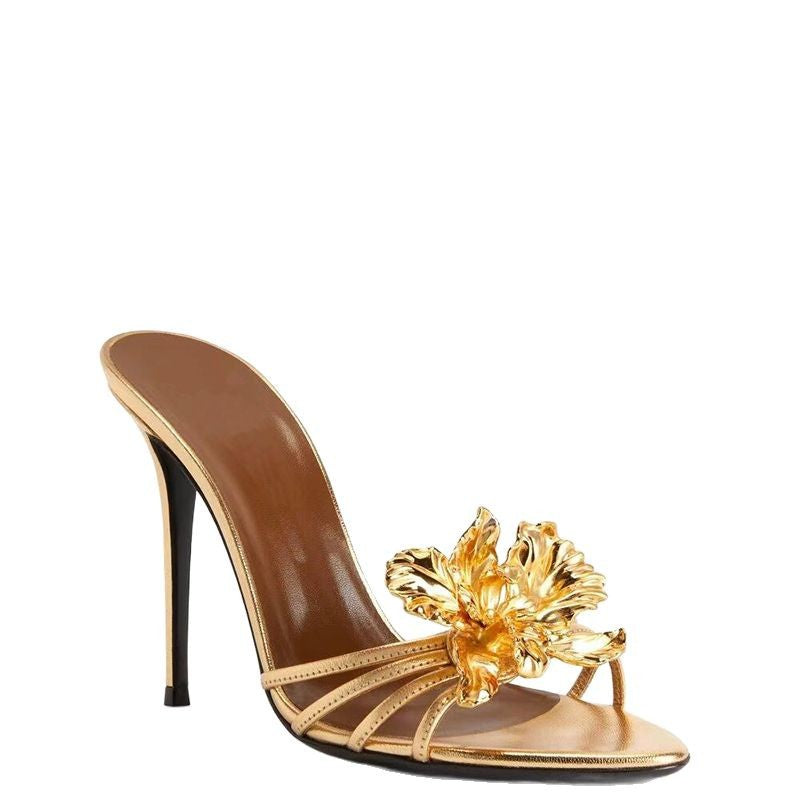 2025 Spring And Summer New Super Fashionable High Heel Golden Flower Sandals And Slippers Elegant Sexy Thin Heel Open Toe Women's Shoes