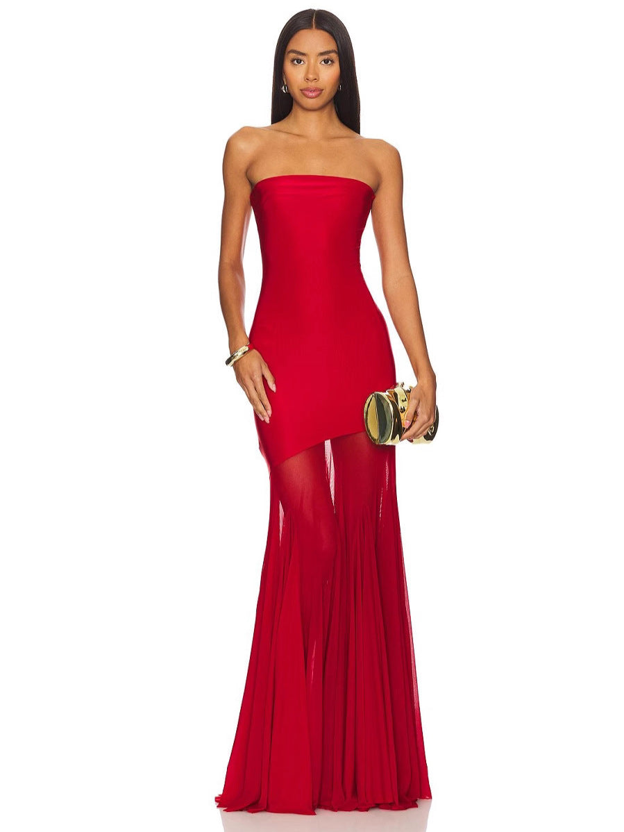 2025 Europe And The United States New Cross-border Women's Tube Dress Slim Sexy Hip Mesh Solid Color Dress Independent Station